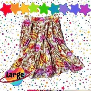 LuLaRoe Madison Midi Skirt with Pockets Cream with Yellow and Purple Roses